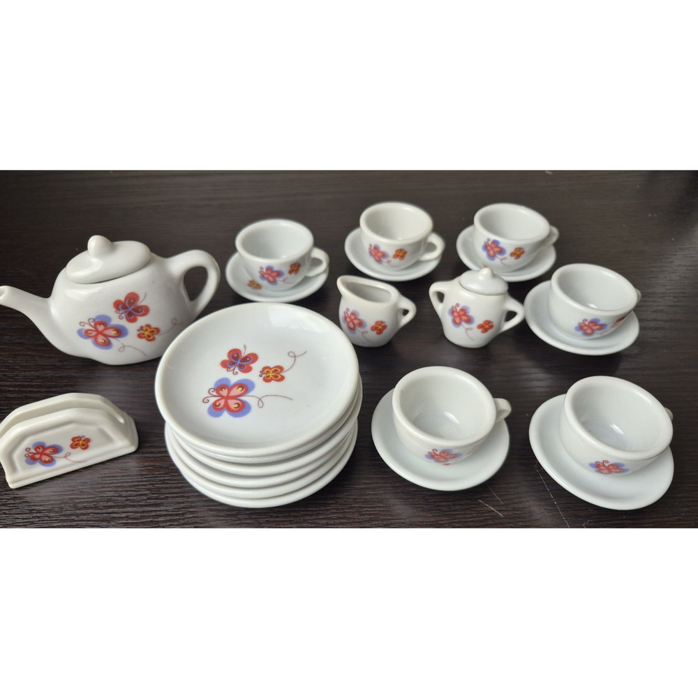 Vintage Miniature Tea Set Butterfly 24 Piece Cups Saucers Cream Sugar Tea Party